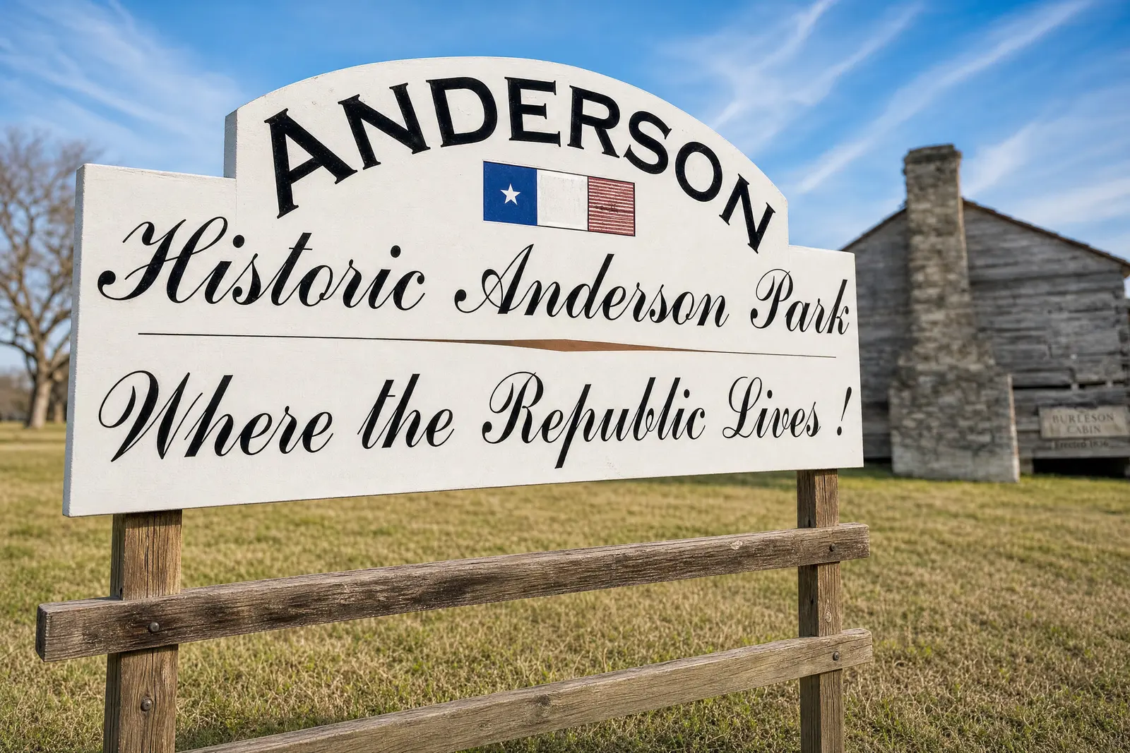 Historic Anderson Park sign and the 1836 Burleson Cabin in Anderson, Texas