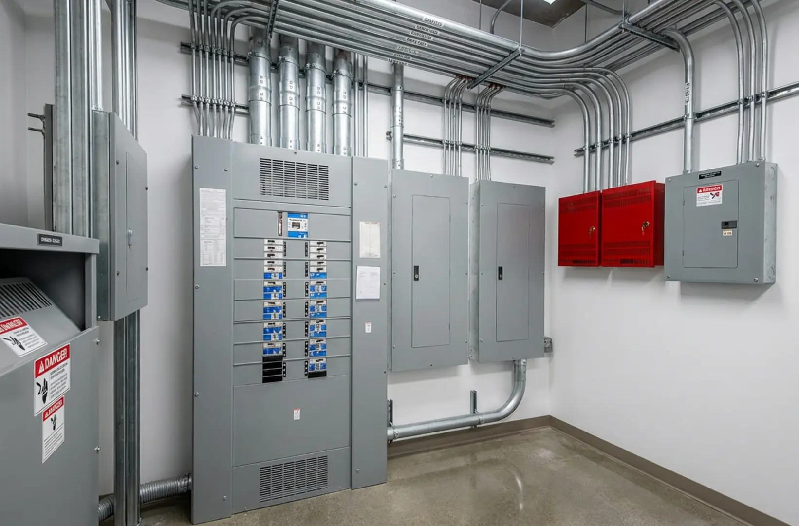 Commercial electrical room with distribution panels and conduit runs