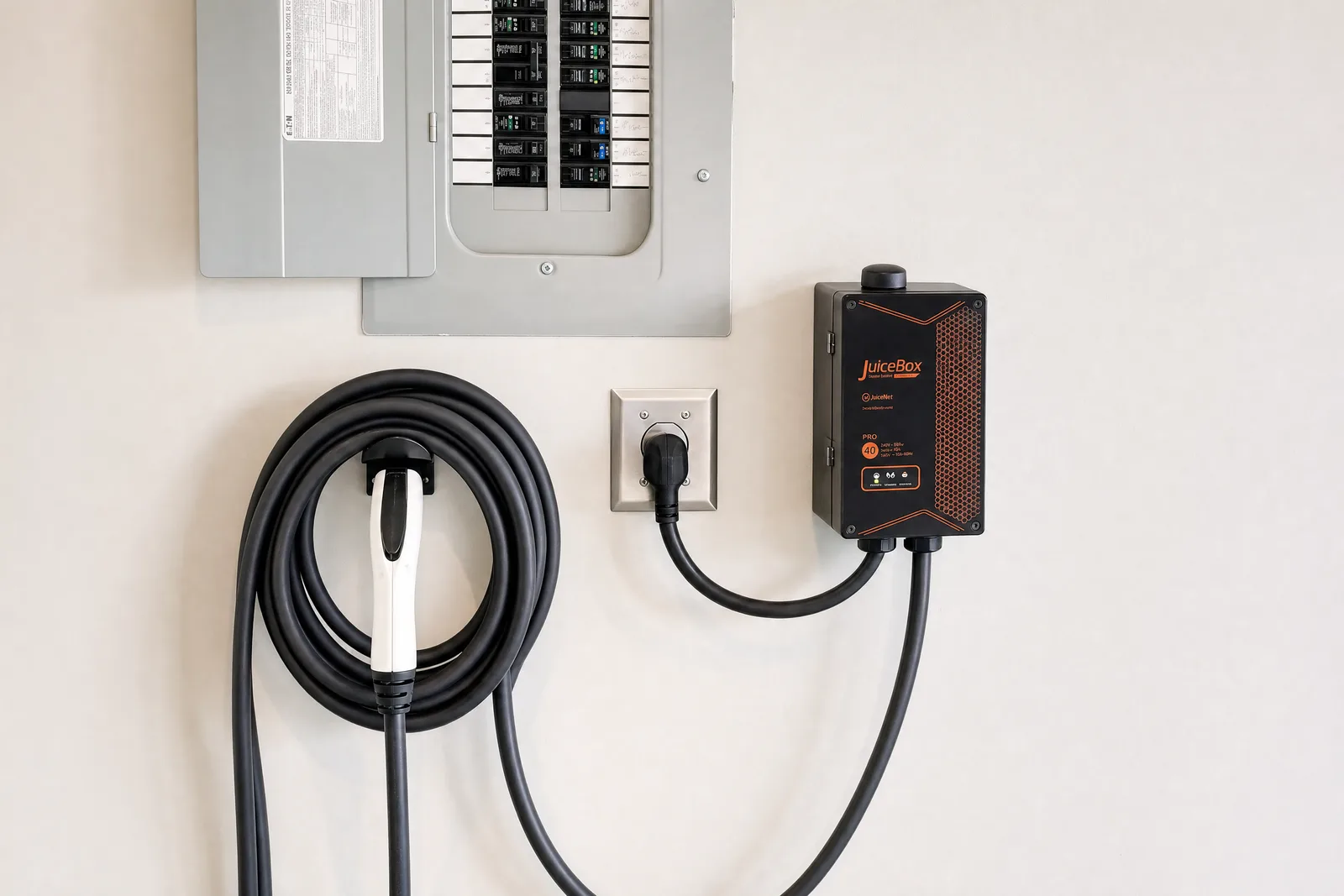 Level 2 JuiceBox EV charger installed beside a residential electrical panel by Orthodox Electric
