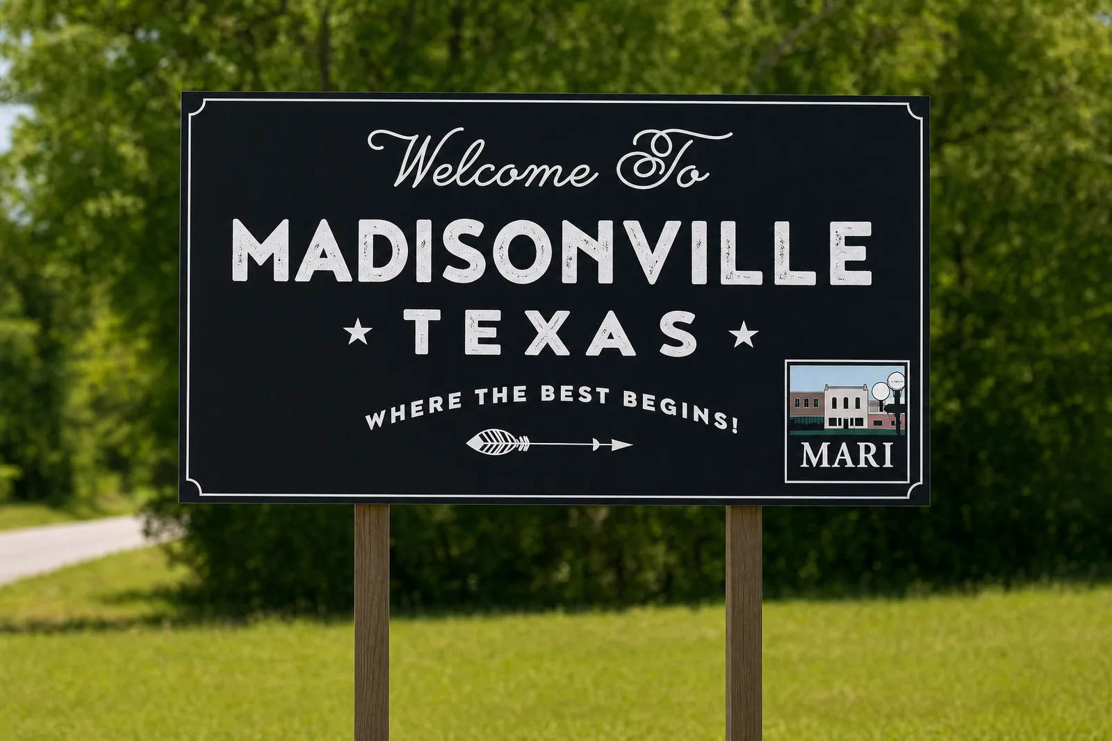 Welcome to Madisonville, Texas sign on the edge of town