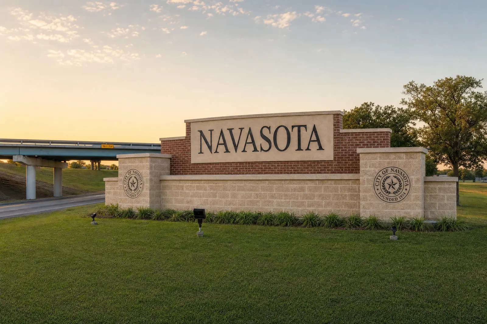 City of Navasota entrance sign at sunset
